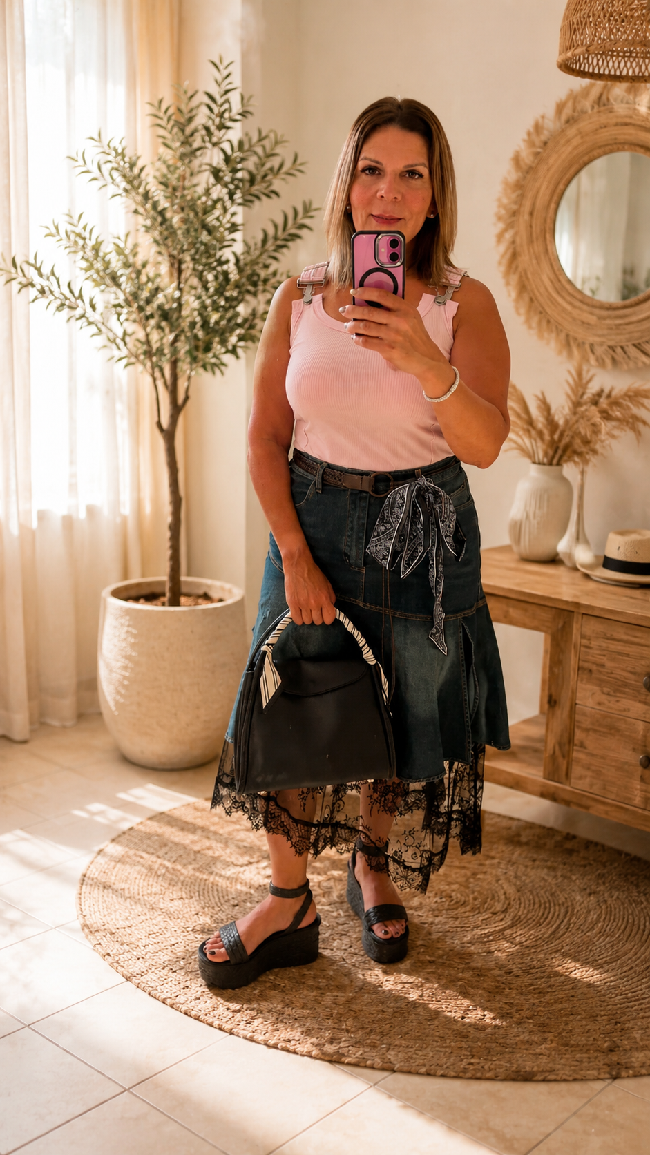 Asymmetrical Denim & Lace Skirt