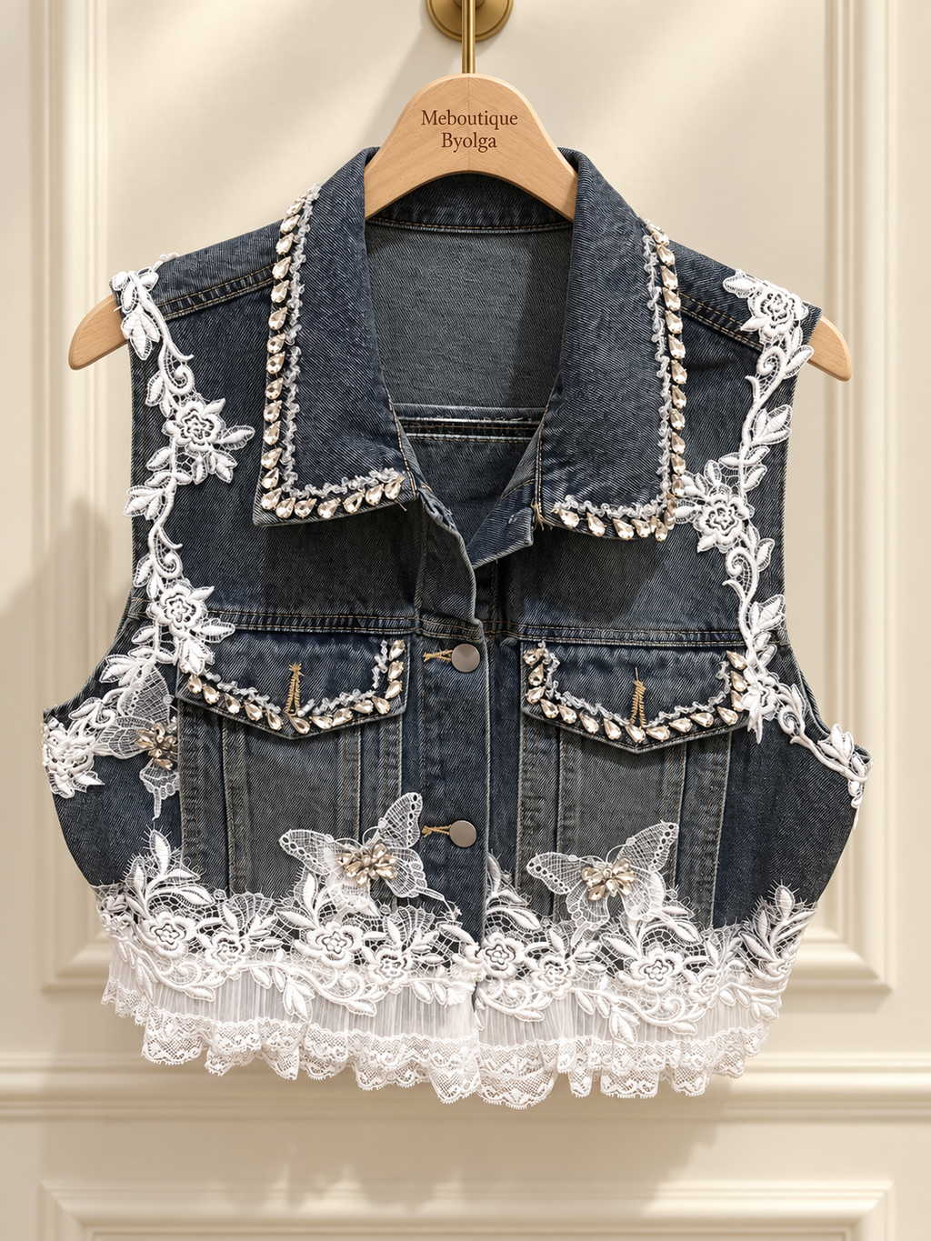 Floral and Butterfly Lace Patches Denim Vest